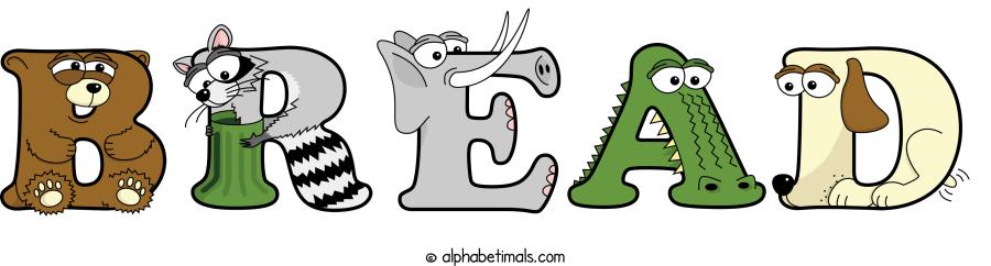 Bread animal word art spelling Bread with Alphabetimals - cartoon alphabet animals