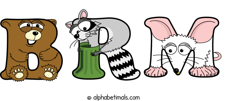 Brm animal word art spelling Brm with Alphabetimals - cartoon alphabet animals
