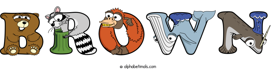 Brown animal word art spelling Brown with Alphabetimals - cartoon alphabet animals