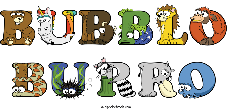 Bubblo Burro animal word art spelling Bubblo Burro with Alphabetimals - cartoon alphabet animals