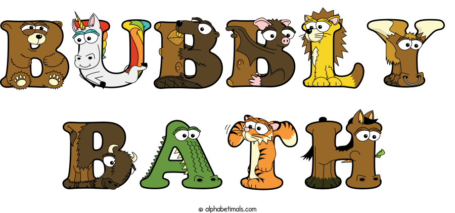 Bubbly Bath animal word art spelling Bubbly Bath with Alphabetimals - cartoon alphabet animals