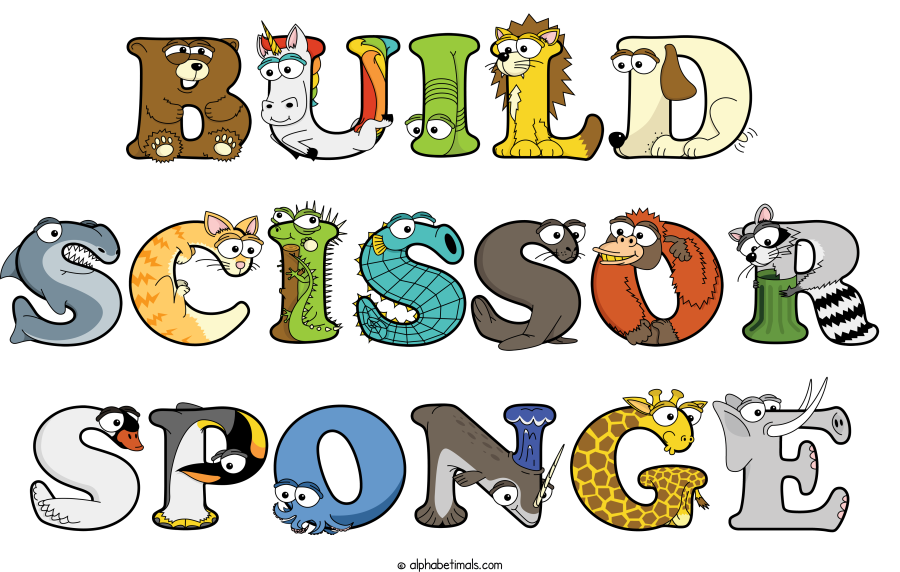 Build Scissor Sponge animal word art spelling Build Scissor Sponge with Alphabetimals - cartoon alphabet animals