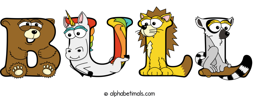 Bull animal word art spelling Bull with Alphabetimals - cartoon alphabet animals