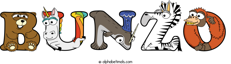 Bunzo animal word art spelling Bunzo with Alphabetimals - cartoon alphabet animals
