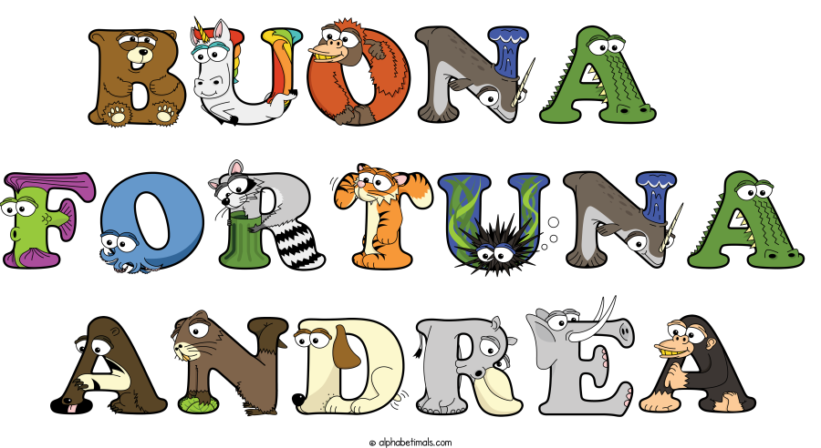 Buona  Fortuna Andrea animal word art spelling Buona  Fortuna Andrea with Alphabetimals - cartoon alphabet animals