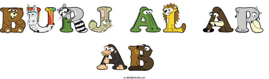 Burj Al Ar Ab animal word art spelling Burj Al Ar Ab with Alphabetimals - cartoon alphabet animals