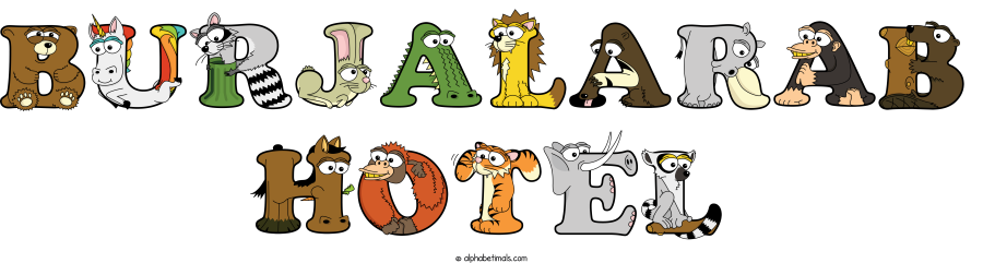 Burjalarab Hotel animal word art spelling Burjalarab Hotel with Alphabetimals cartoon alphabet animals