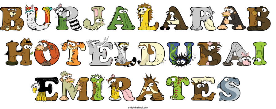 Burjalarab Hoteldubai Emirates animal word art spelling Burjalarab Hoteldubai Emirates with Alphabetimals - cartoon alphabet animals