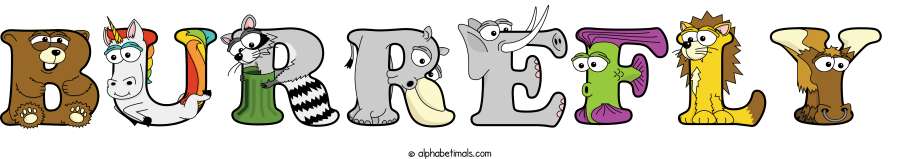 Burrefly animal word art spelling Burrefly with Alphabetimals - cartoon alphabet animals