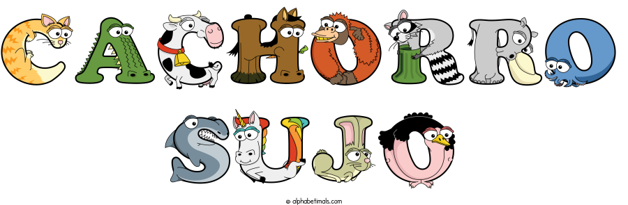 Cachorro Sujo animal word art spelling Cachorro Sujo with Alphabetimals - cartoon alphabet animals