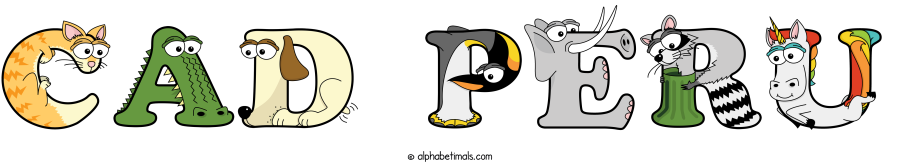 Cad Peru animal word art spelling Cad Peru with Alphabetimals - cartoon alphabet animals
