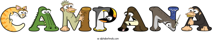 Campana animal word art spelling Campana with Alphabetimals - cartoon alphabet animals