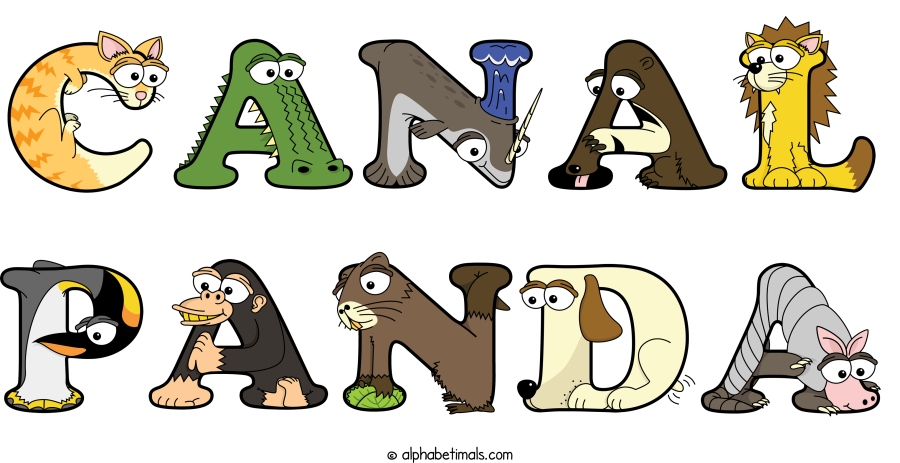 Canal Panda animal word art spelling Canal Panda with Alphabetimals - cartoon alphabet animals