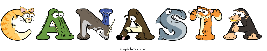 Canasta animal word art spelling Canasta with Alphabetimals - cartoon alphabet animals