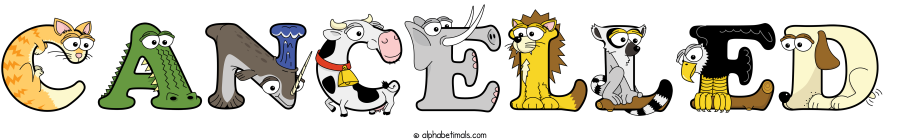 Cancelled animal word art spelling Cancelled with Alphabetimals - cartoon alphabet animals