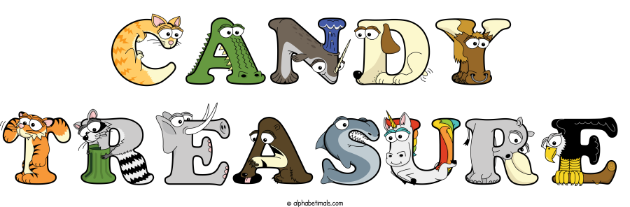 Candy Treasure animal word art spelling Candy Treasure with Alphabetimals - cartoon alphabet animals