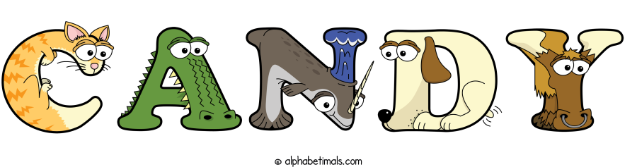 Candy animal word art spelling Candy with Alphabetimals - cartoon alphabet animals