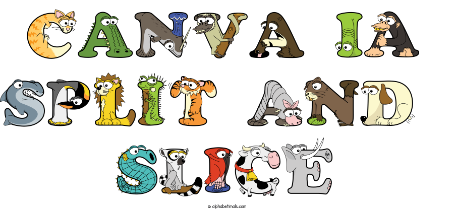 Canva Ia Split And  Slice animal word art spelling Canva Ia Split And  Slice with Alphabetimals - cartoon alphabet animals