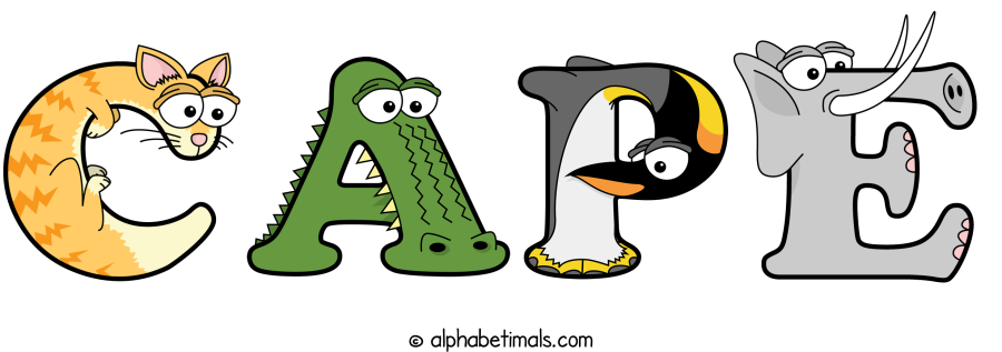 Cape animal word art spelling Cape with Alphabetimals - cartoon alphabet animals