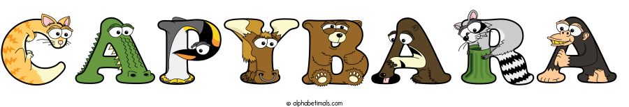 Capybara animal word art spelling Capybara with Alphabetimals - cartoon alphabet animals