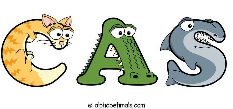 Cas animal word art spelling Cas with Alphabetimals - cartoon alphabet animals