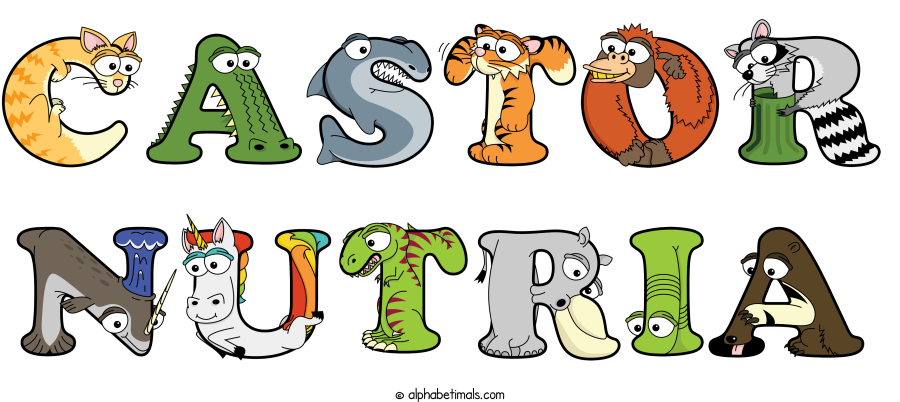 Castor Nutria animal word art spelling Castor Nutria with Alphabetimals - cartoon alphabet animals