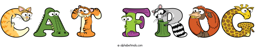 Cat Frog animal word art spelling Cat Frog with Alphabetimals - cartoon alphabet animals