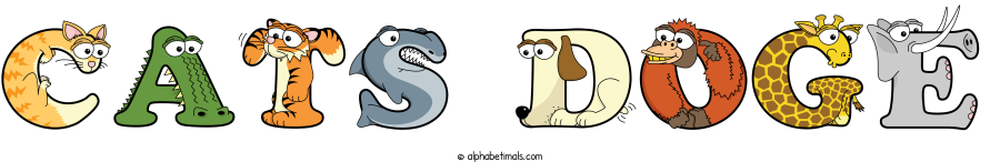 Cats Doge animal word art spelling Cats Doge with Alphabetimals - cartoon alphabet animals