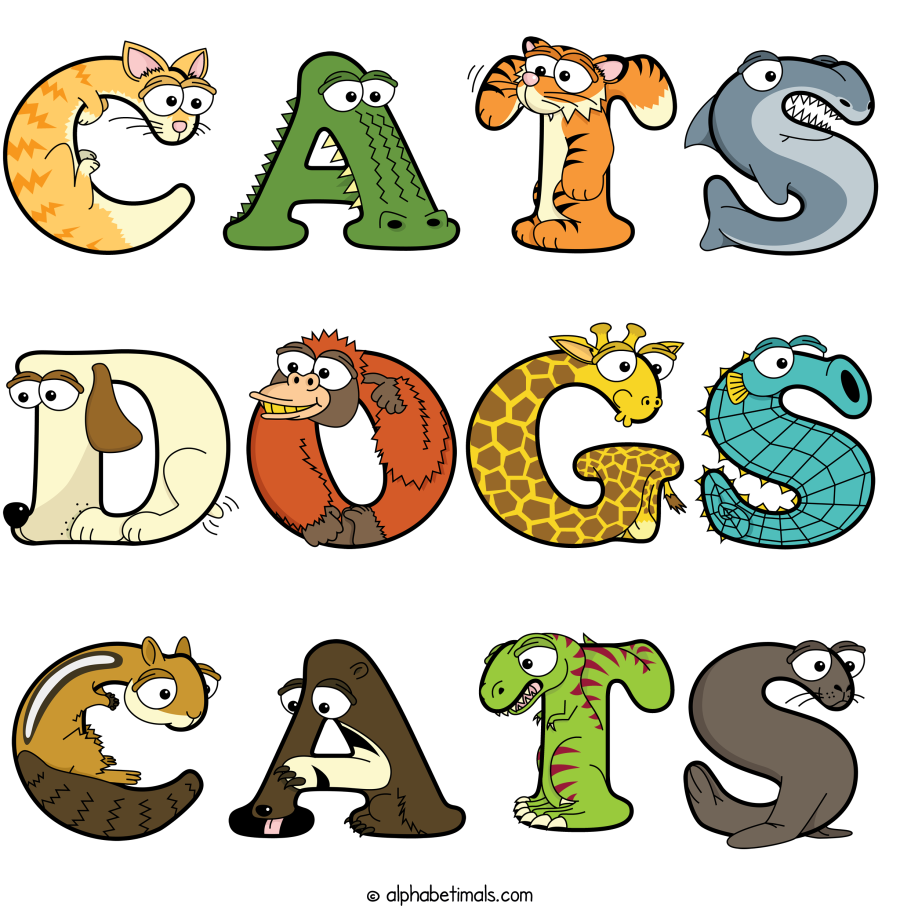 Cats Dogs Cats animal word art spelling Cats Dogs Cats with Alphabetimals - cartoon alphabet animals