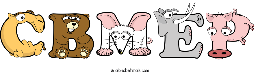 Cbmep animal word art spelling Cbmep with Alphabetimals - cartoon alphabet animals