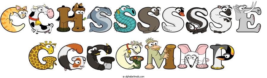Cchsssssse Ggggmmp animal word art spelling Cchsssssse Ggggmmp with Alphabetimals - cartoon alphabet animals