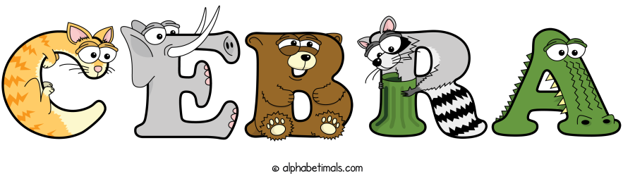 Cebra animal word art spelling Cebra with Alphabetimals - cartoon alphabet animals