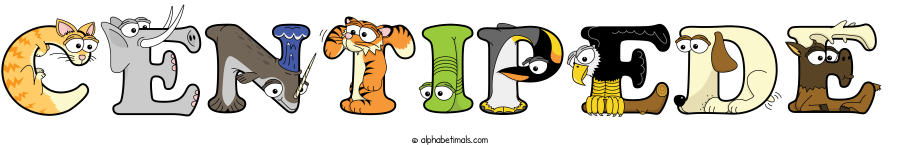 Centipede animal word art spelling Centipede with Alphabetimals - cartoon alphabet animals