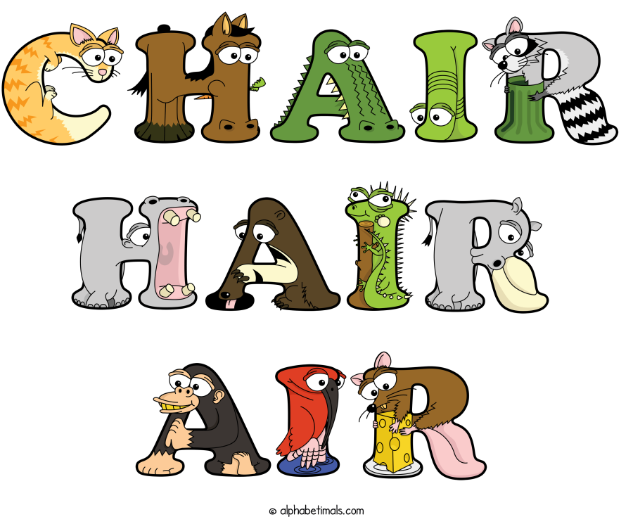 Chair Hair Air animal word art spelling Chair Hair Air with Alphabetimals - cartoon alphabet animals