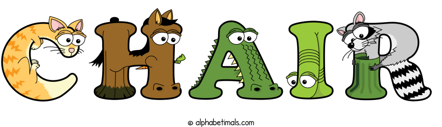 Chair animal word art spelling Chair with Alphabetimals - cartoon alphabet animals