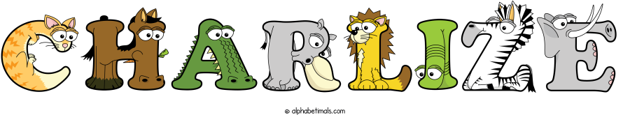 Charlize animal word art spelling Charlize with Alphabetimals - cartoon alphabet animals