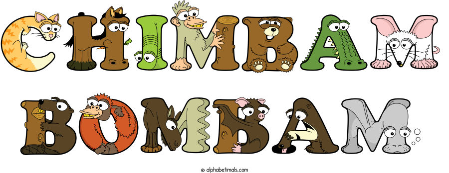 Chimbam Bombam animal word art spelling Chimbam Bombam with Alphabetimals - cartoon alphabet animals