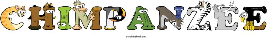 Chimpanzee animal word art spelling Chimpanzee with Alphabetimals - cartoon alphabet animals