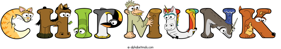 Chipmunk animal word art spelling Chipmunk with Alphabetimals - cartoon alphabet animals