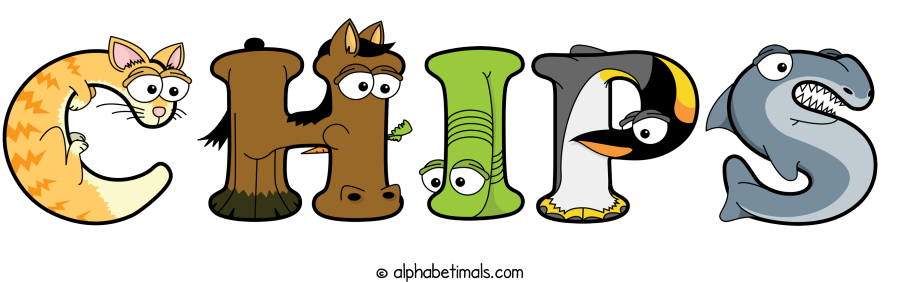 Chips animal word art spelling Chips with Alphabetimals - cartoon alphabet animals