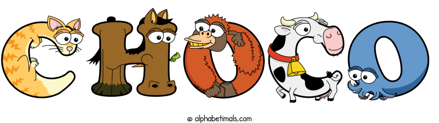 Choco animal word art spelling Choco with Alphabetimals - cartoon alphabet animals