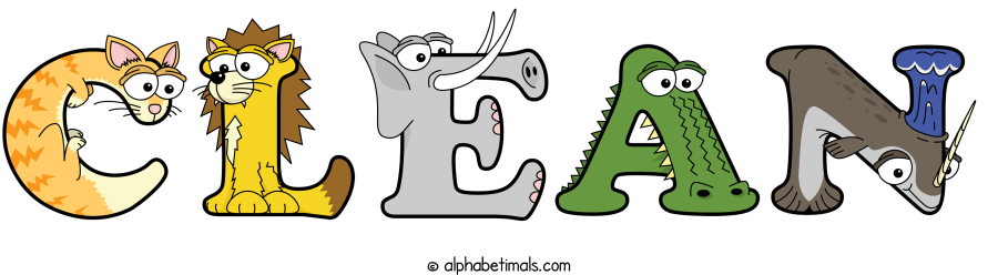 Clean animal word art spelling Clean with Alphabetimals - cartoon alphabet animals