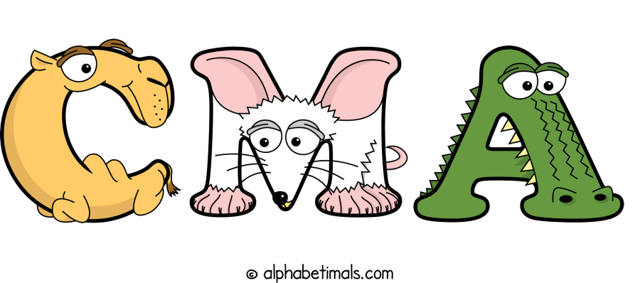 Cma animal word art spelling Cma with Alphabetimals - cartoon alphabet animals
