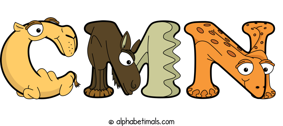 Cmn animal word art spelling Cmn with Alphabetimals cartoon alphabet animals