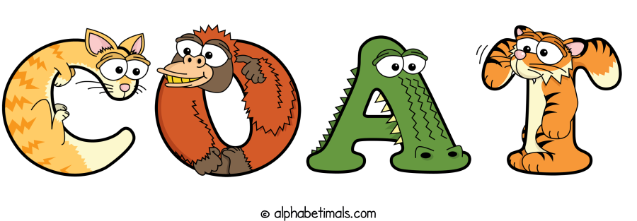 Coat animal word art spelling Coat with Alphabetimals - cartoon alphabet animals