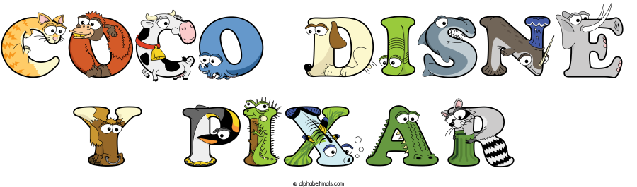 Coco Disne Y Pixar animal word art spelling Coco Disne Y Pixar with Alphabetimals - cartoon alphabet animals