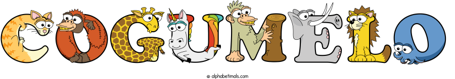 Cogumelo animal word art spelling Cogumelo with Alphabetimals - cartoon alphabet animals