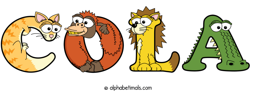 Cola animal word art spelling Cola with Alphabetimals - cartoon alphabet animals
