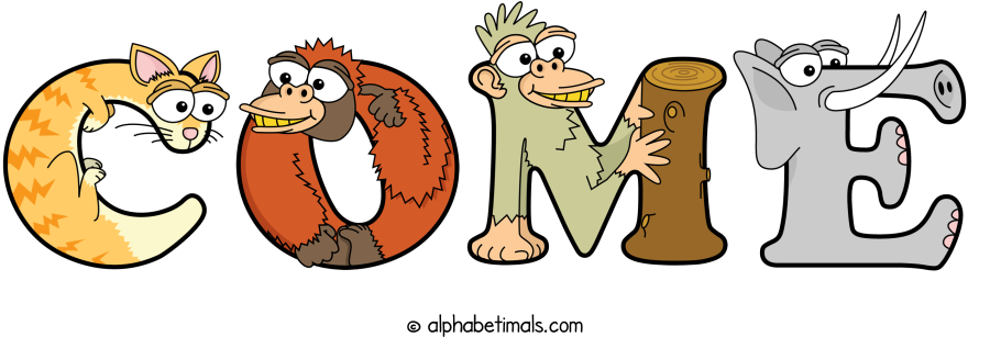 Come animal word art spelling Come with Alphabetimals - cartoon alphabet animals