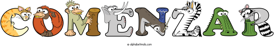 Comenzar animal word art spelling Comenzar with Alphabetimals - cartoon alphabet animals